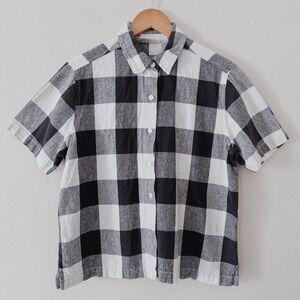 90s VINTAGE BLACK AND WHITE PLAID LINEN & COTTON BLEND BUTTON DOWN SHIRT